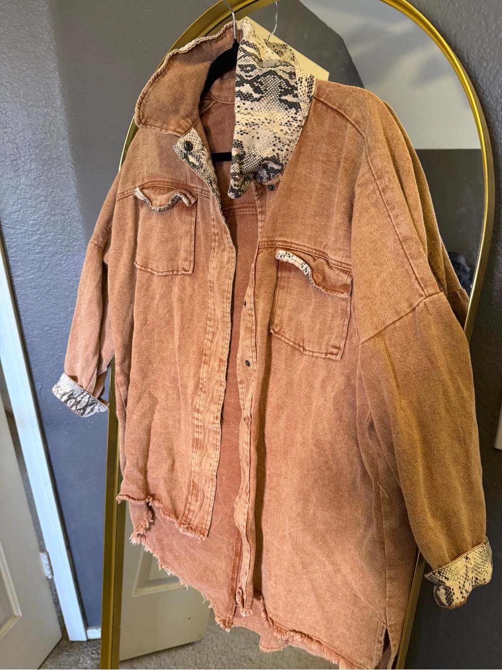 Blushing Brunette Rust-Tone Oversized Jacket with Snake-Print Trim